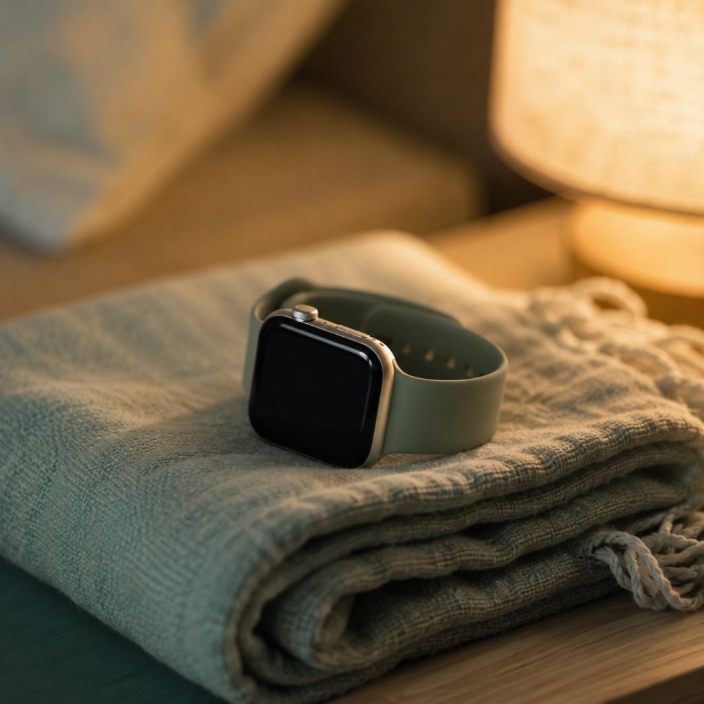 Smartwatch resting on a blanket for the bedtime calculator